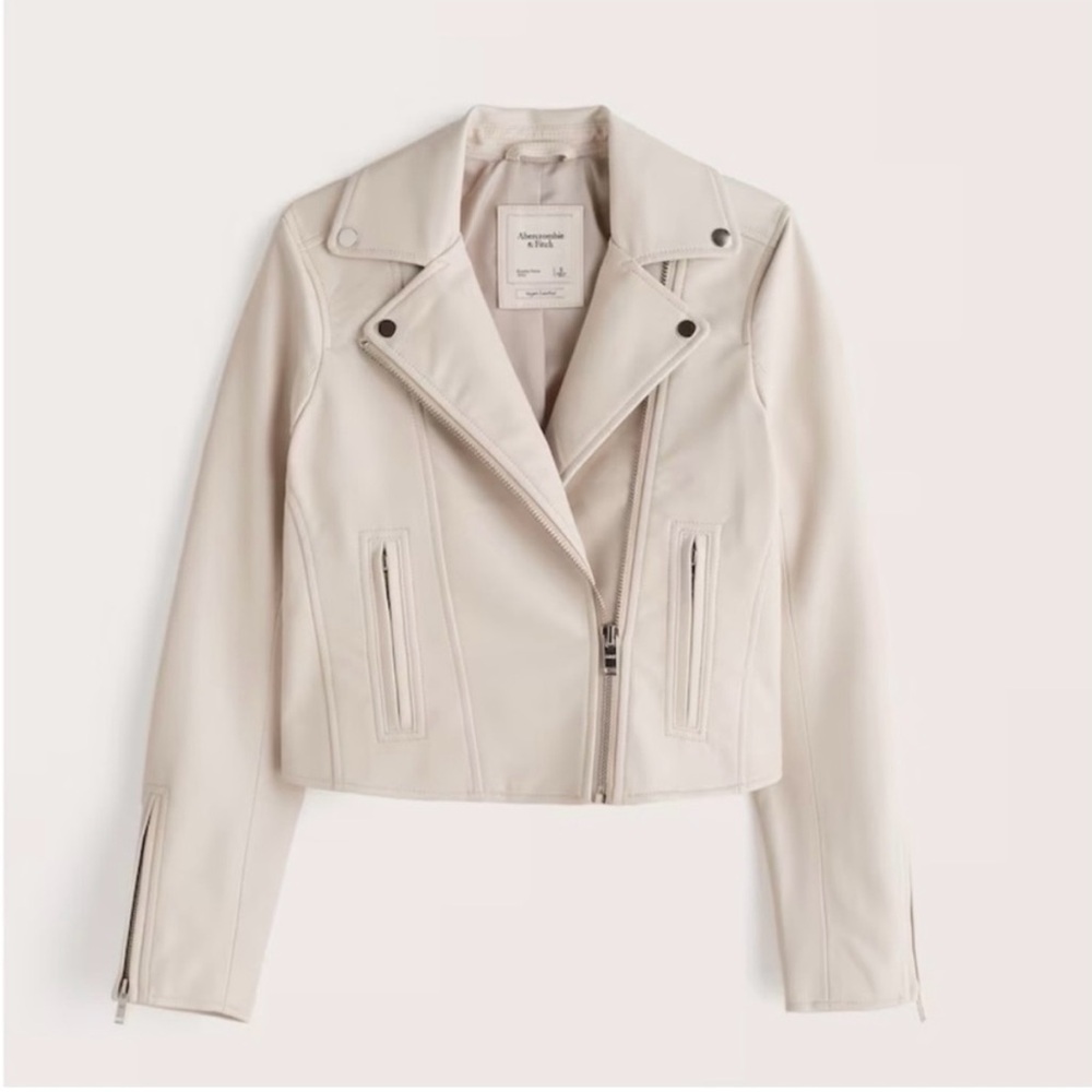 Abercrombie & Fitch Cream Vegan faux bomber Leather Jacket